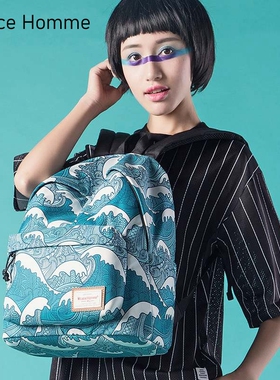 mr.ace homme学生书包女多层韩版印花学院风双肩包女生背包电脑包