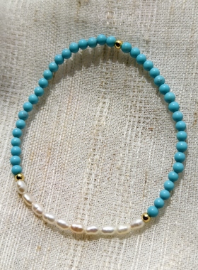 小众品牌设计 OG Loc 天然淡水珍珠优化绿松石弹力手链