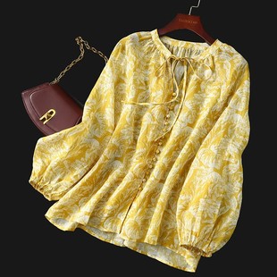 新中式国风透气衬衣2025夏宽松减龄系带V领灯笼袖印花衬衫上衣女