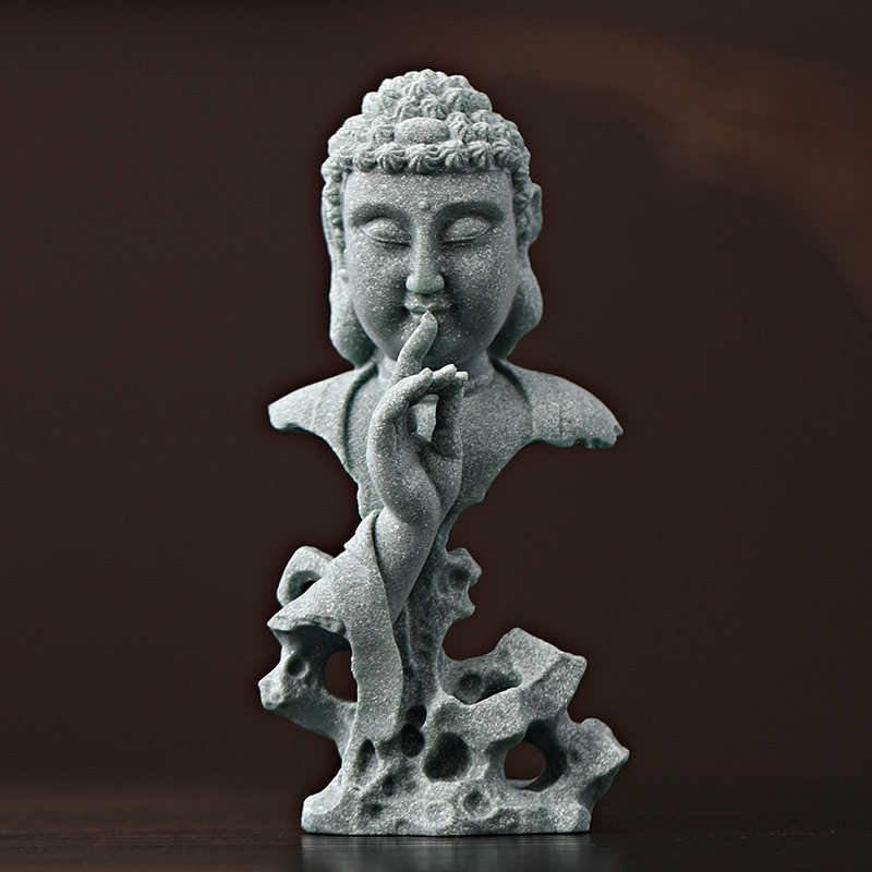 青砂石新中式释迦摩尼佛像摆件造景茶桌茶室如来佛头工艺品装饰品