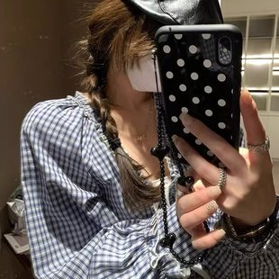 miu系格子衬衫女2025早春新款法式老钱风宽松花边衬衣灯笼袖上衣