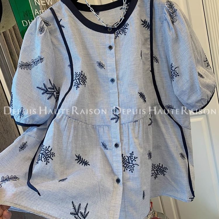 2025夏季独特超好看法式刺绣条纹泡泡袖短袖衬衫娃娃衫宽松上衣