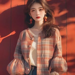 早秋新款独特超好看高级感小香风宽松橘色格纹拼接灯笼袖衬衫外套