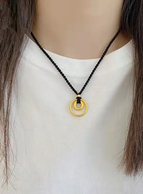 新款网红抖音同款沙金素圈古法金红黒绳项链铜镀黄金色DIY圈项饰