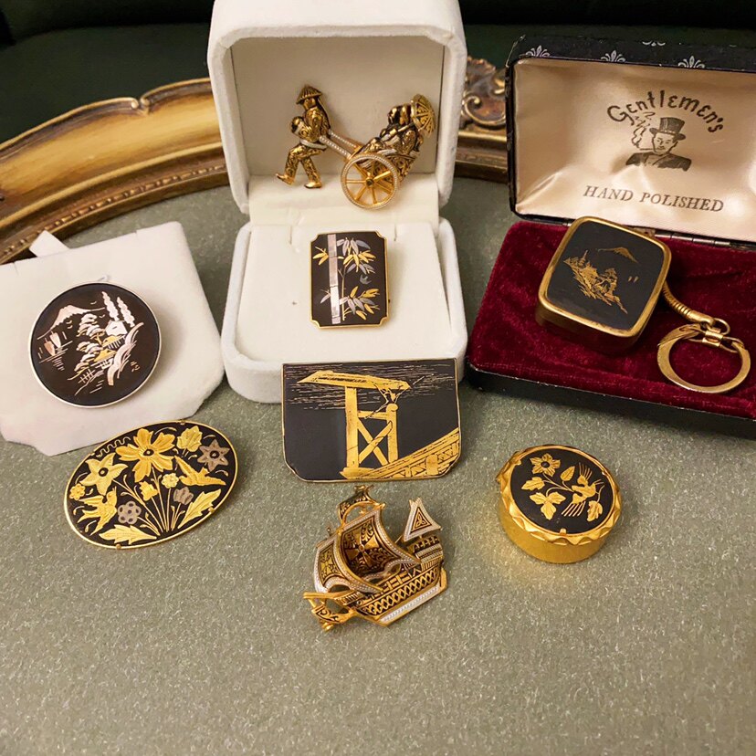 fg西洋古董首饰 vintage西班牙大马士革帆船胸针 日本浮世绘中古