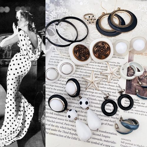 Vintage经典黑白波点耳饰 8090年代西洋美式中古首饰小众星形耳钉