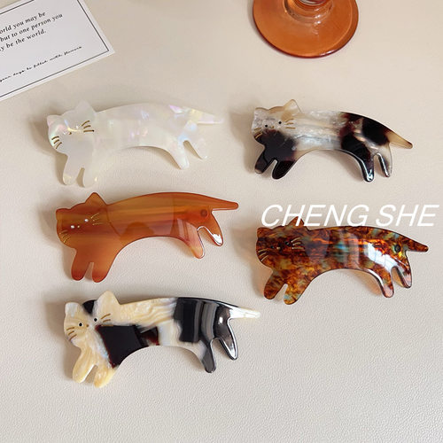 韩国进口可爱小猫咪发夹法式刘海弹簧夹一字横夹焦糖琥珀蓝玉白色