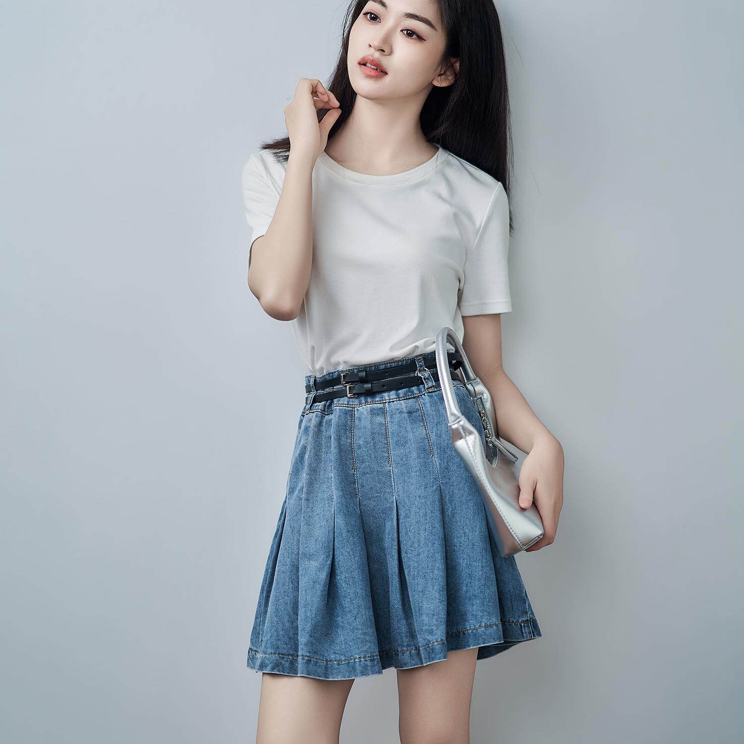 小个子蓝色高腰学院风显瘦A字百褶牛仔半身短裙女夏季时尚0790