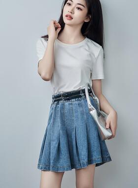 小个子蓝色高腰学院风显瘦A字百褶牛仔半身短裙女夏季时尚0790