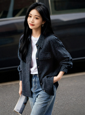 柒量一裁小个子深蓝色衬衫女高级感轻奢减龄洋气衬衫女3482