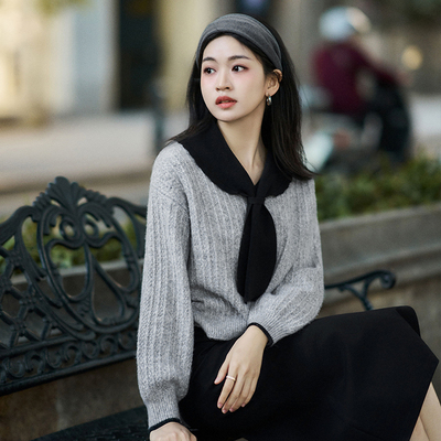 柒量一裁小个子秋冬新款假两件休闲百搭套头水手领灰色针织3410