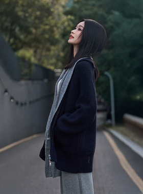 柒量一裁小个子藏蓝色宽松毛织开衫中长款休闲百搭针织外套3481