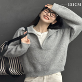 柒量一裁小个子浅灰色V领毛织上衣秋女款 宽松薄款 毛衣温柔2080