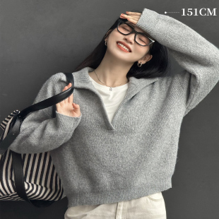 柒量一裁小个子浅灰色V领毛织上衣秋女款 毛衣温柔2080 宽松薄款