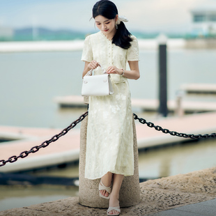 柒量一裁小个子温婉气质风米白色短袖蕾丝精致优雅夏季套装裙1144