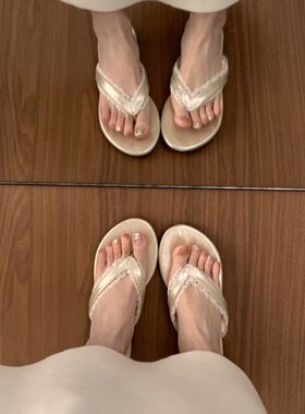 法式晚晚风仙女蕾丝夹趾拖鞋