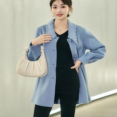 柒量一裁小个子蓝色中长款羊毛双面呢大衣女冬季时尚毛呢外套1864