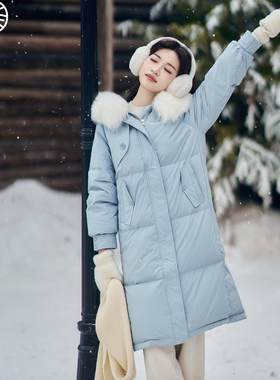 小个子蓝色连帽毛领羽绒服外套女