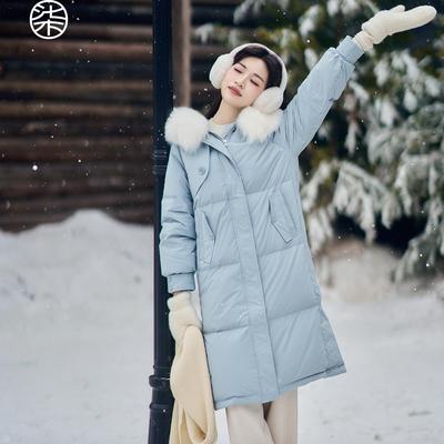 小个子蓝色连帽毛领羽绒服外套女