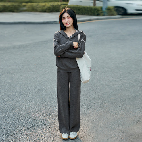 柒量一裁小个子黑灰色上衣+休闲裤套装女秋款通勤93-94cm2099