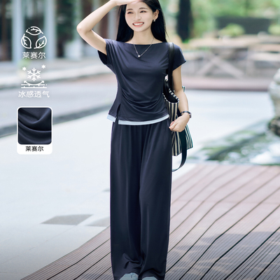 小个子休闲裤藏蓝色女设计感套装