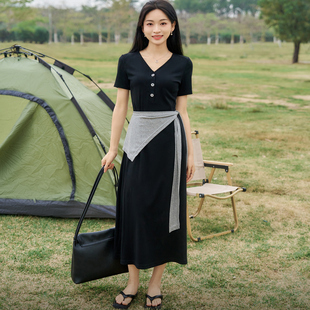 柒量一裁小个子黑色V领短袖连衣裙简约修身勾勒优雅气质长裙0346