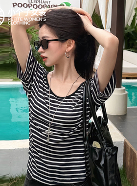 柒量一裁小个子深蓝色条纹短袖上衣短袖t恤女2026新款0721