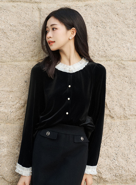 柒量一裁小个子黑色法式拼接花领衬衫女高级感减龄洋气1491