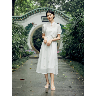 【大柒】小个子白色国风新中式改良旗袍绣花短袖连衣裙子长裙0065