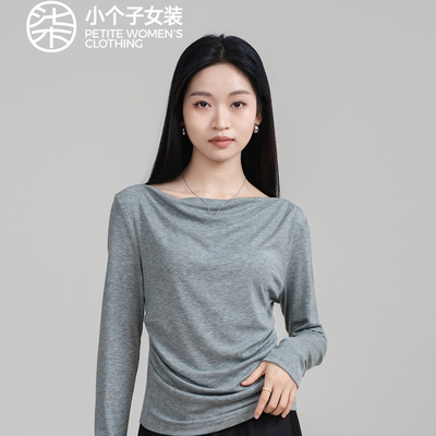 柒量一裁中灰色棉麻一字船领小荡领层次感不规则交叉倒褶上衣0165