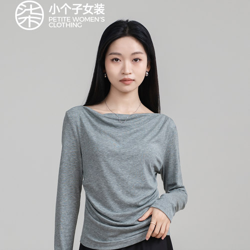柒量一裁中灰色棉麻一字船领小荡领层次感不规则交叉倒褶上衣0165
