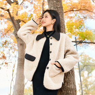 柒量一裁小个子羊羔毛外套女单排扣宽松显瘦通勤保暖皮毛外套1515