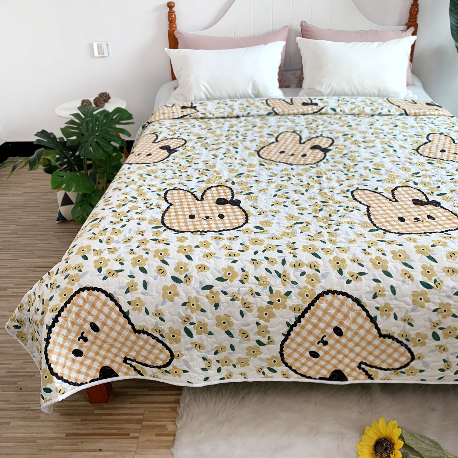 AB款卡通清新可爱床单 大尺寸原单大牌夏凉床盖夹棉绗缝被铺花朵