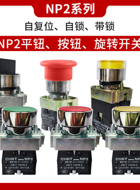 正泰按钮开关自复位NP2-BA蘑菇头急停两三档旋转BD自锁钥匙BE101