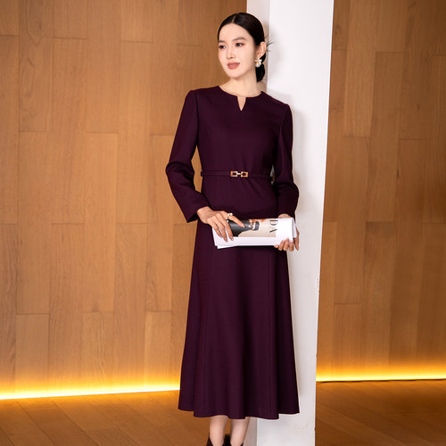 酒红色喜妈妈婚宴连衣裙女毛呢裙