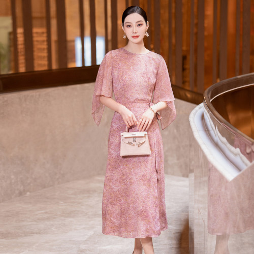 气质减龄中长款修身连衣裙女印花
