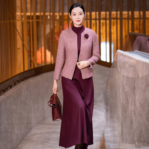 红色喜婆婆婚宴毛呢小香风套装裙