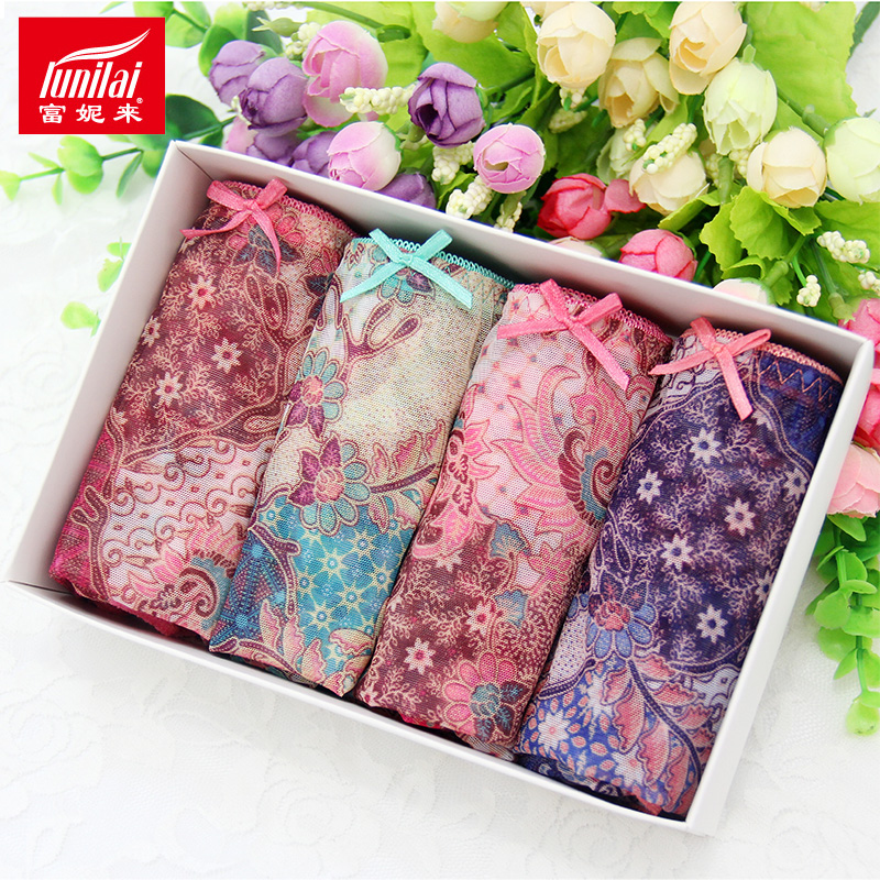 4条富妮来女士内裤印花网纱速