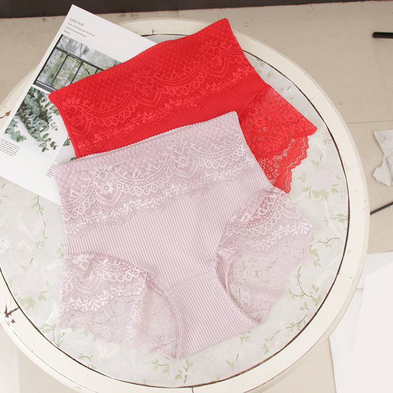女士纯棉蕾丝边三角内裤高腰收腹