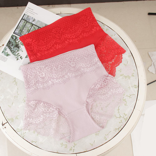 女士纯棉蕾丝边三角内裤高腰收腹