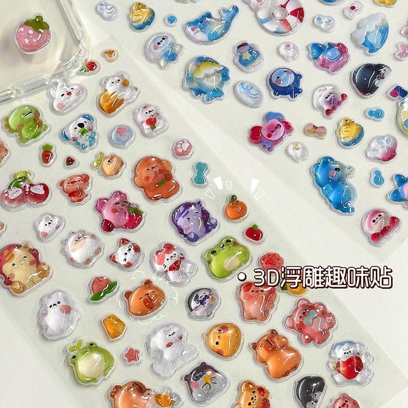 3D立体浮雕贴纸女孩儿童卡通动物宝石贴画钻石手机壳装饰水晶滴胶防水手帐颜值高透明贴贴纸水杯手机后壳玩具图片