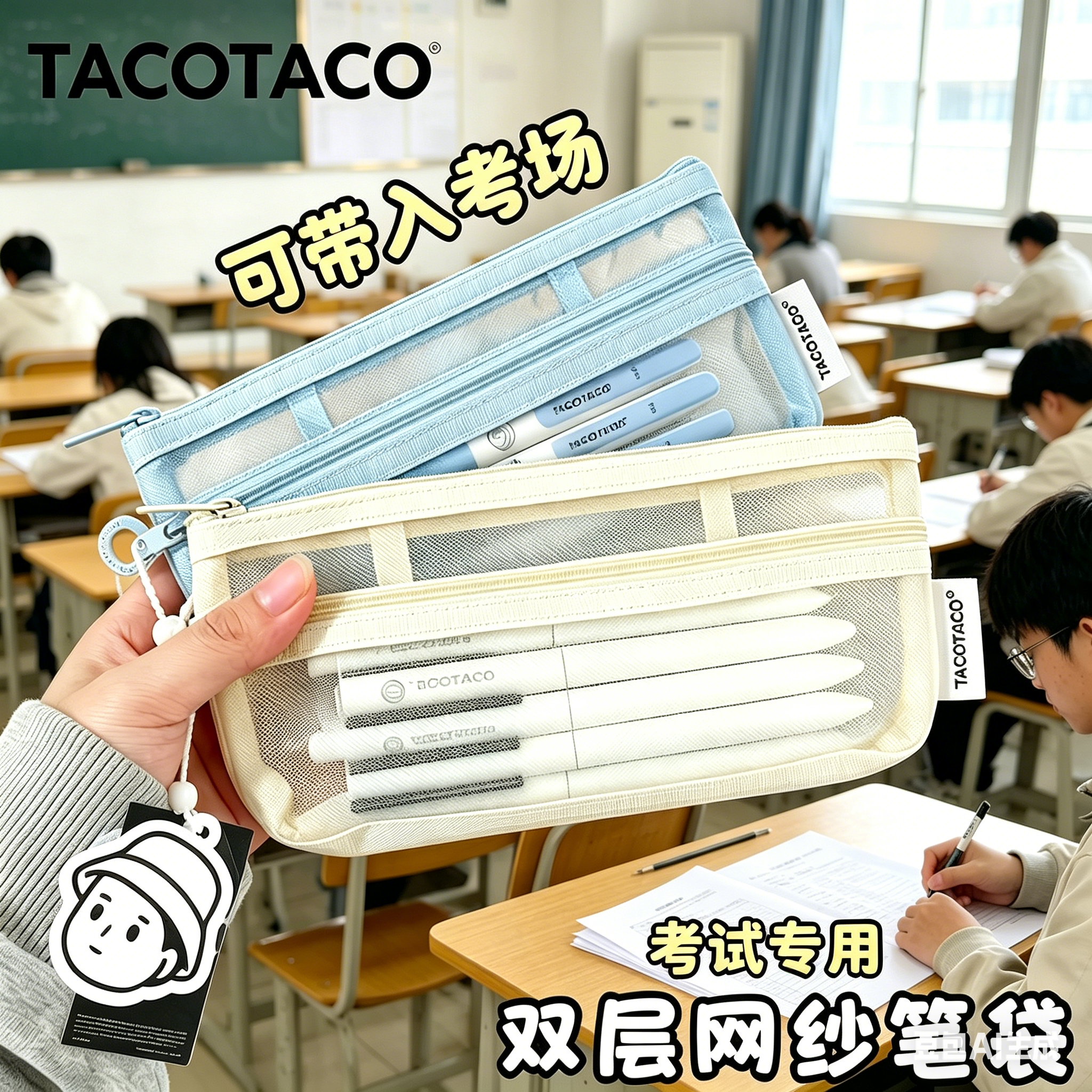 TACOTACO双层笔袋透明学生中考高考考试专用网纱文具袋可带入