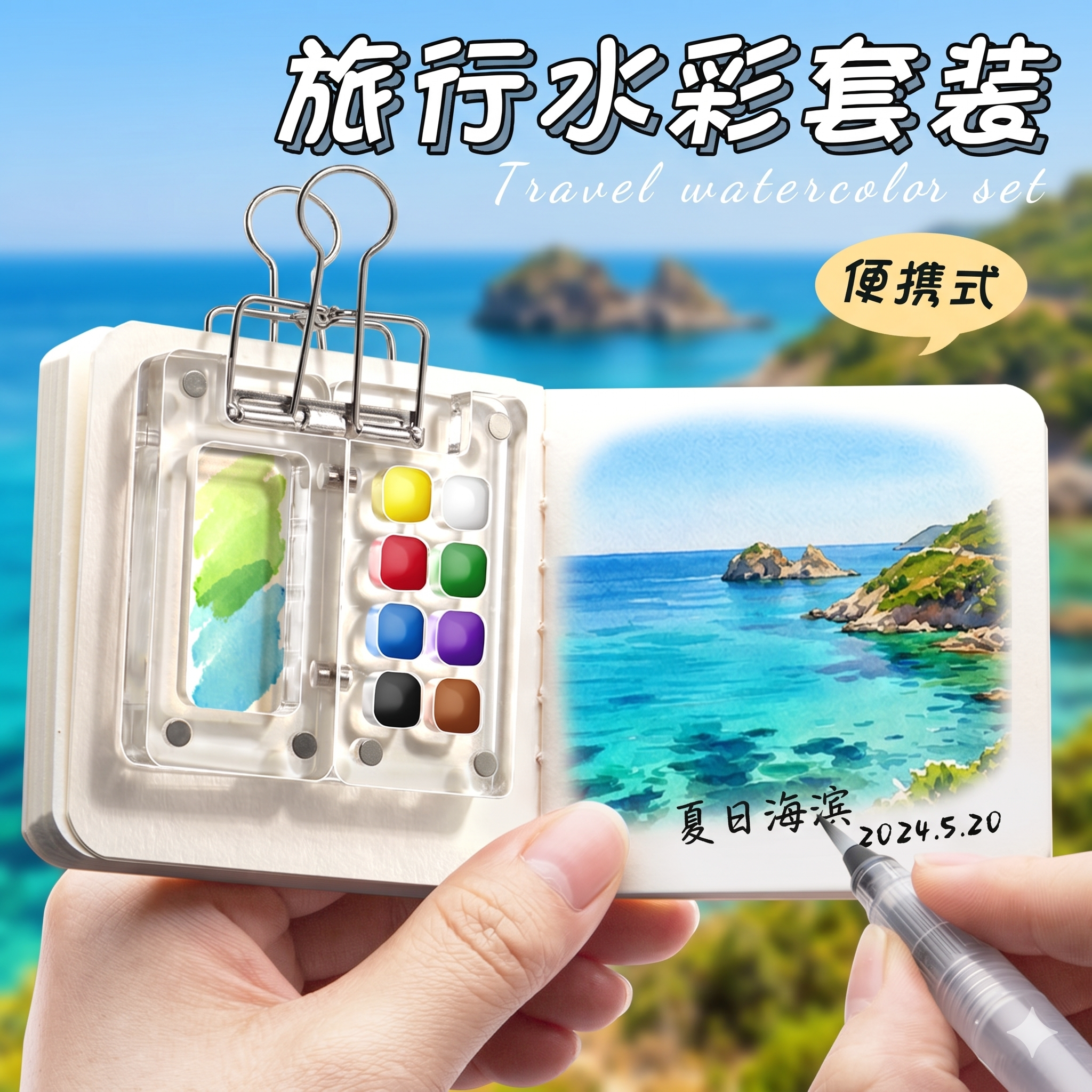 迷你水彩颜料亚克力盒小画板随身儿童摸鱼本便携手账本写生旅行绘画画本调色套装涂色固体透明水粉文具胡桃木