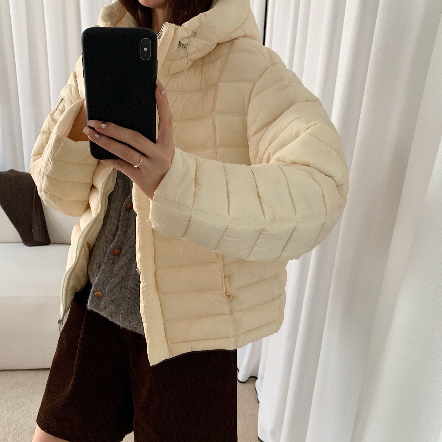 韩系短款连帽加厚棉服女小个子