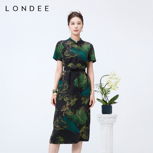 Londee/龙笛新中式夏季短袖收腰印花连衣裙气质旗袍4S26589