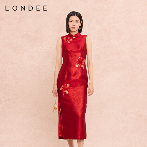 Londee/龙笛新中式红色无袖刺绣旗袍女修身改良敬酒服礼服6S26668