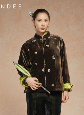 Londee/龙笛新中式刺绣丝绒上衣女复古立领盘扣国风外套5T25690