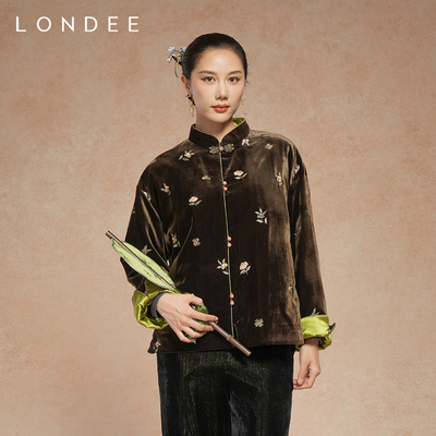Londee/龙笛新中式刺绣丝绒上衣女复古立领盘扣国风外套5T25690