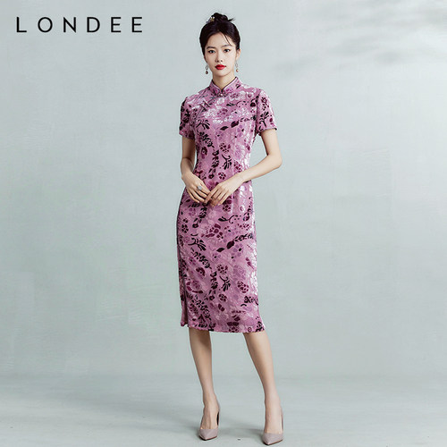 Londee/龙笛新中式修身高端丝绒烧花优雅气质旗袍中长裙女3T21299