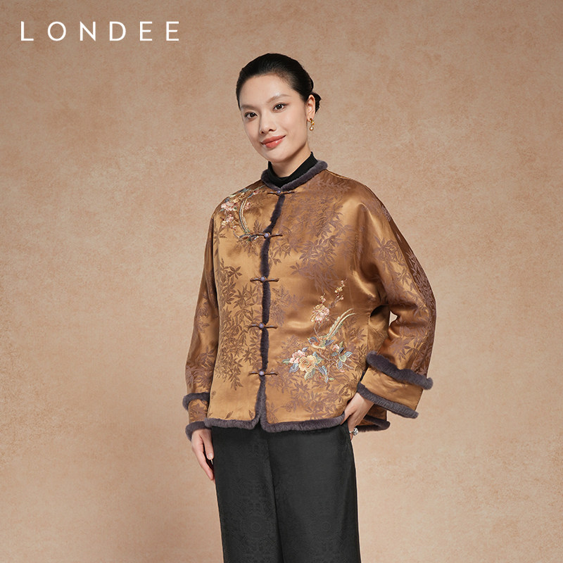 Londee/龙笛新中式秋冬厚上衣国风高级感金棕保暖棉服外套5T25188